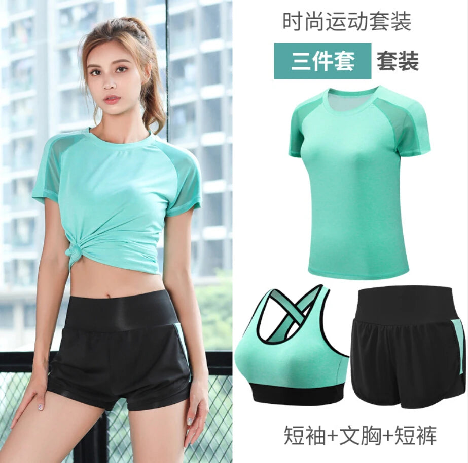 women yoga sportswear clothing set coats+t shirt+bra+shorts+pants fitness gym mesh suit quick dry outdoor running sets
