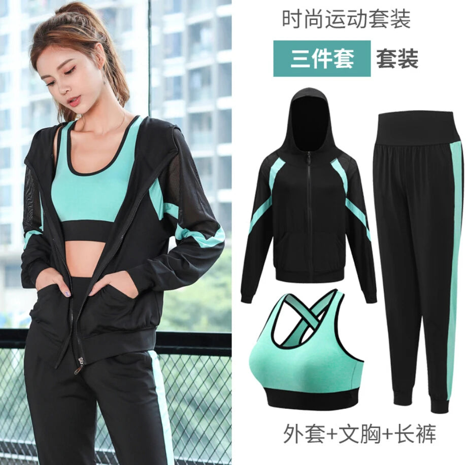 women yoga sportswear clothing set coats+t shirt+bra+shorts+pants fitness gym mesh suit quick dry outdoor running sets