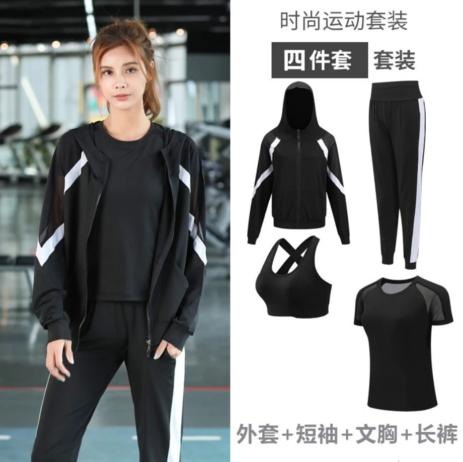 women yoga sportswear clothing set coats+t shirt+bra+shorts+pants fitness gym mesh suit quick dry outdoor running sets