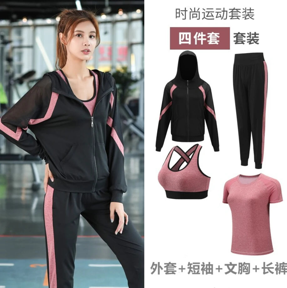 women yoga sportswear clothing set coats+t shirt+bra+shorts+pants fitness gym mesh suit quick dry outdoor running sets
