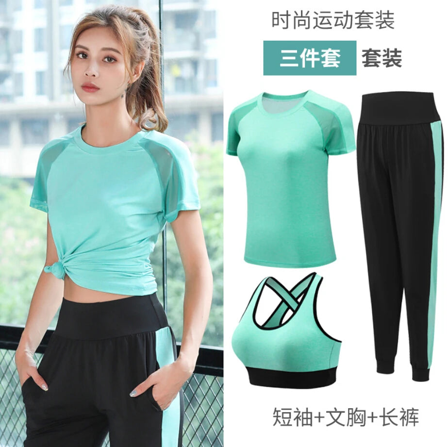 women yoga sportswear clothing set coats+t shirt+bra+shorts+pants fitness gym mesh suit quick dry outdoor running sets