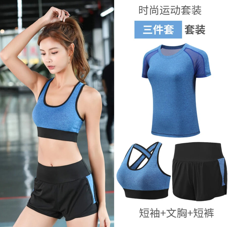 women yoga sportswear clothing set coats+t shirt+bra+shorts+pants fitness gym mesh suit quick dry outdoor running sets