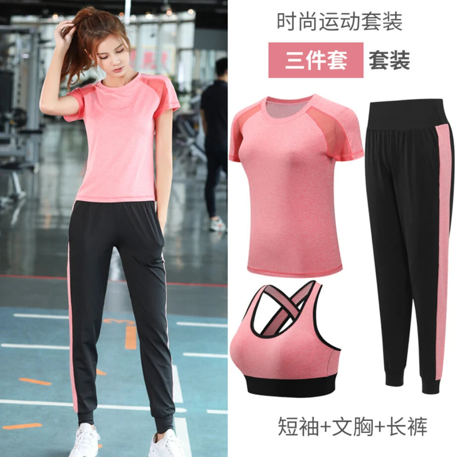 women yoga sportswear clothing set coats+t shirt+bra+shorts+pants fitness gym mesh suit quick dry outdoor running sets