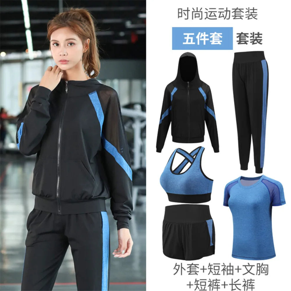 women yoga sportswear clothing set coats+t shirt+bra+shorts+pants fitness gym mesh suit quick dry outdoor running sets