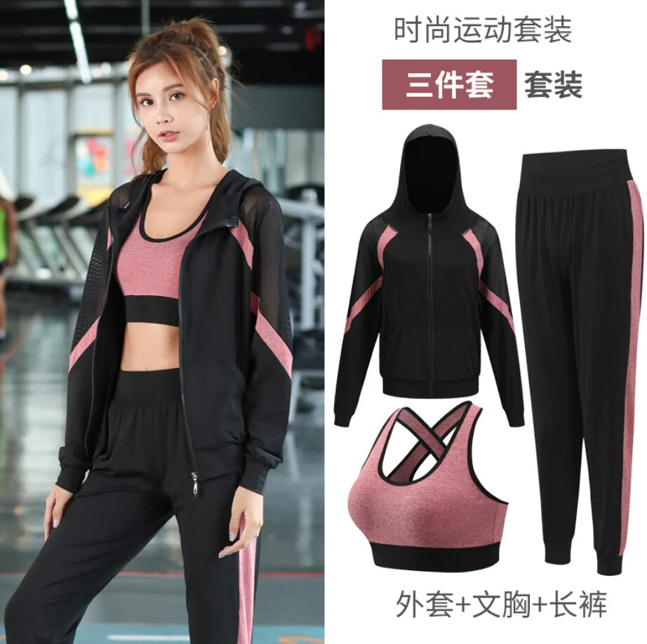 women yoga sportswear clothing set coats+t shirt+bra+shorts+pants fitness gym mesh suit quick dry outdoor running sets