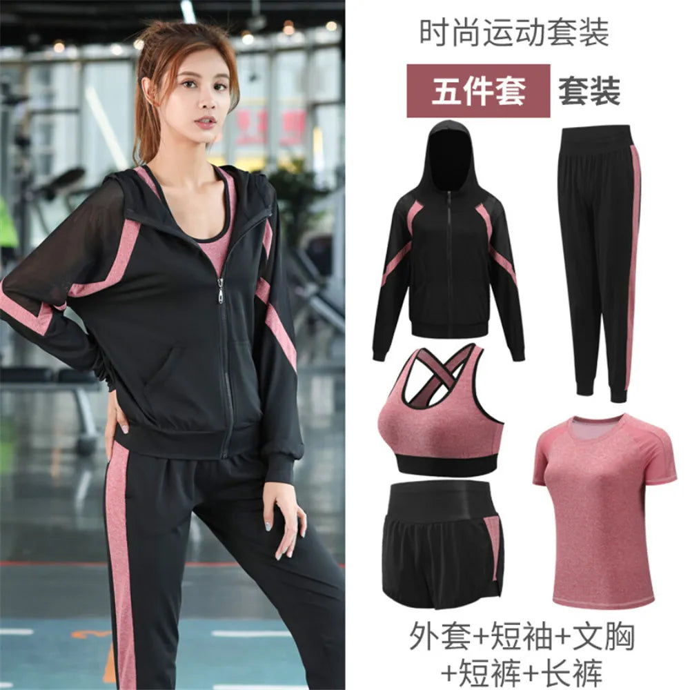 women yoga sportswear clothing set coats+t shirt+bra+shorts+pants fitness gym mesh suit quick dry outdoor running sets