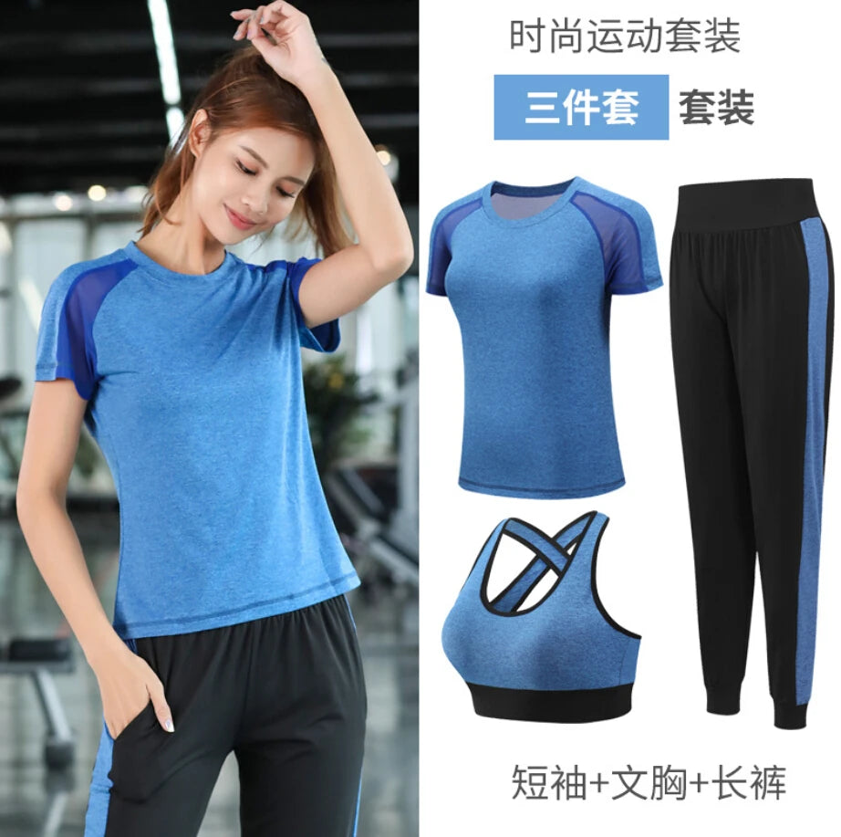 women yoga sportswear clothing set coats+t shirt+bra+shorts+pants fitness gym mesh suit quick dry outdoor running sets