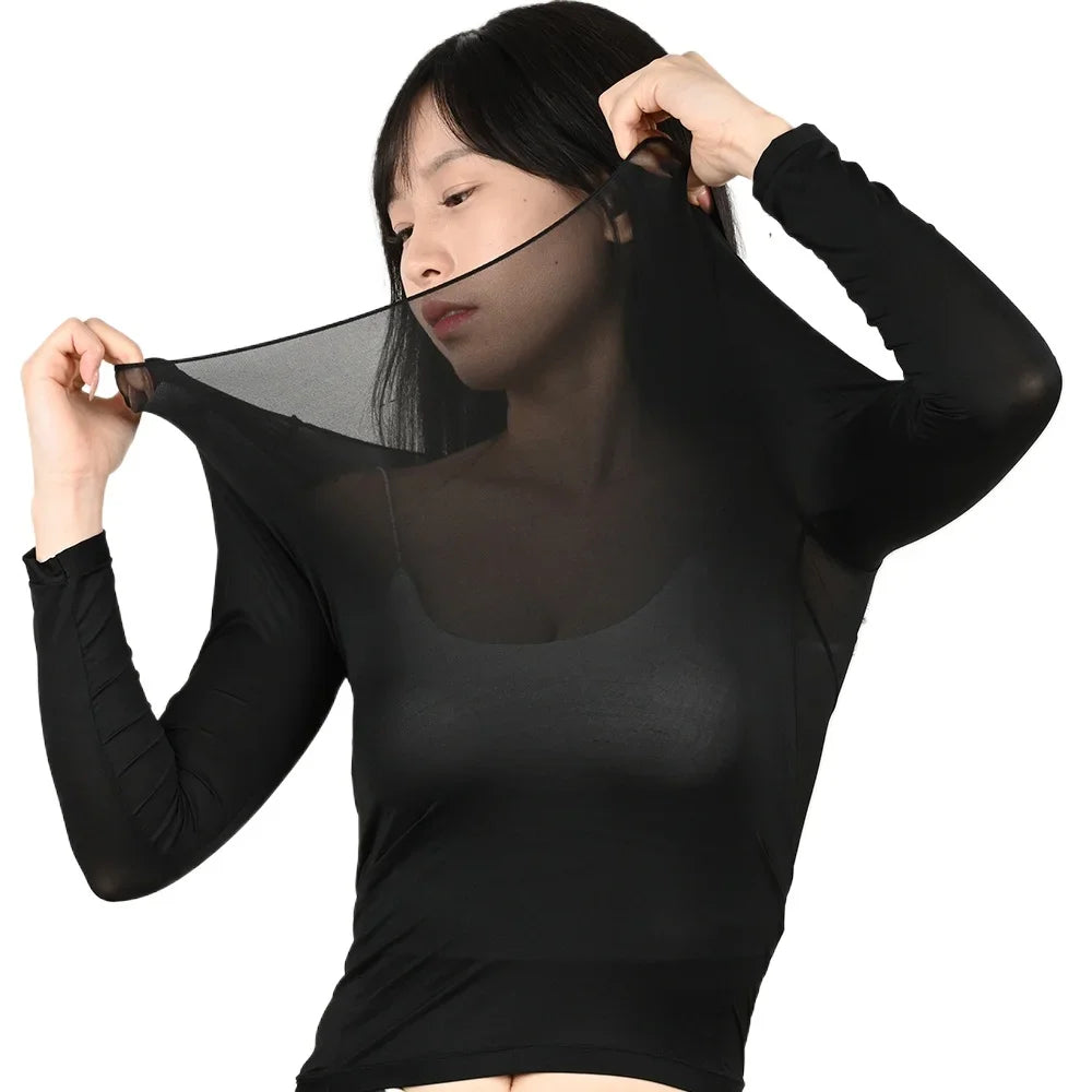 Women's Thermal Underwear Bottoming Shirt  Autumn Winter Ladies Thin Thermal Skin Top Pullover Elastic Long-sleeved T-shirt L-XL
