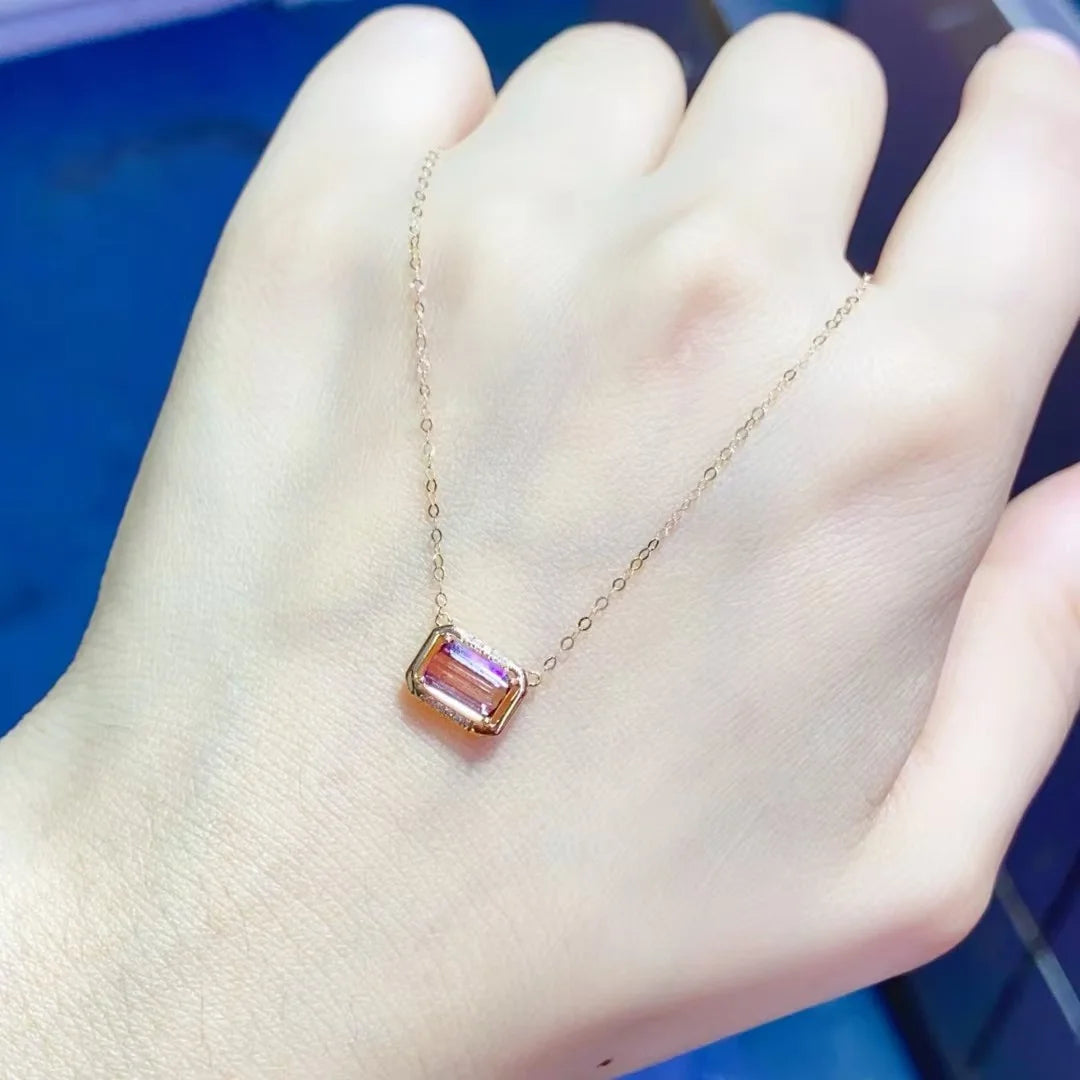 Certificated 18K Real Gold 1 Carat Natural Pink Tourmaline Genuine Diamond Necklace With 18K Solid Gold Chain 1ct Gems Jewelry