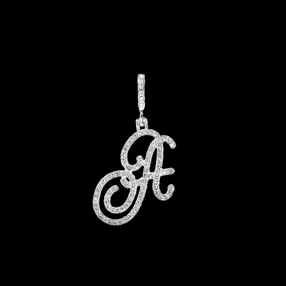 Fashion 26 Cursive Initial Letter Zircon Pendant Necklace For Women Shiny Crystal Alphabet Rope Chain Necklace Hip Hop Jewelry