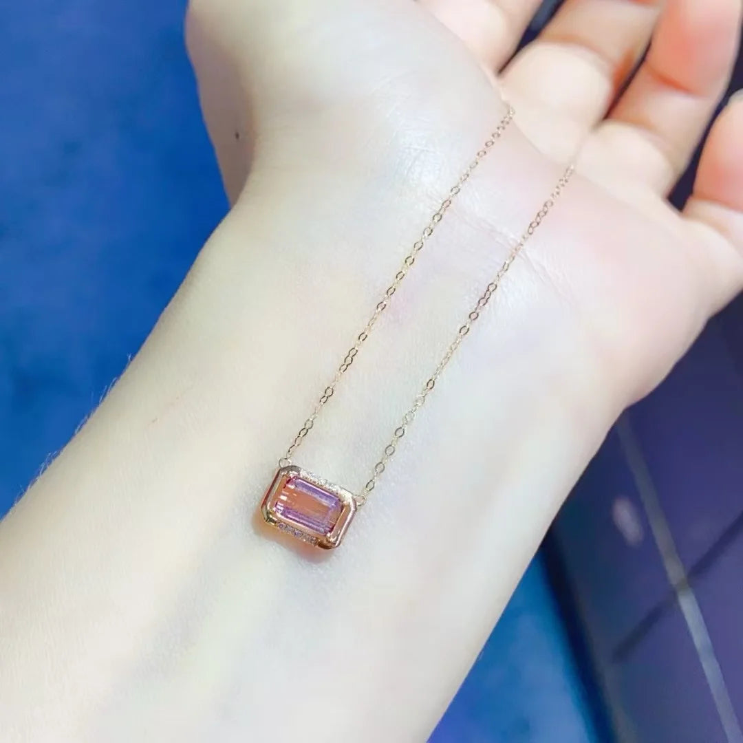 Certificated 18K Real Gold 1 Carat Natural Pink Tourmaline Genuine Diamond Necklace With 18K Solid Gold Chain 1ct Gems Jewelry