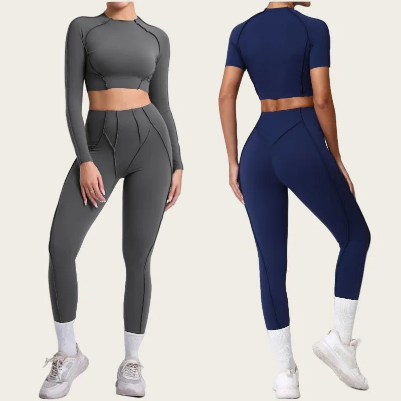 Seamless Yoga Sets Sports Fitness Hip-lifting High Waist Pleated Pants Long-sleeved Suits Workout Gym Leggings Sets for Women