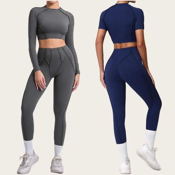 Seamless Yoga Sets Sports Fitness Hip-lifting High Waist Pleated Pants Long-sleeved Suits Workout Gym Leggings Sets for Women
