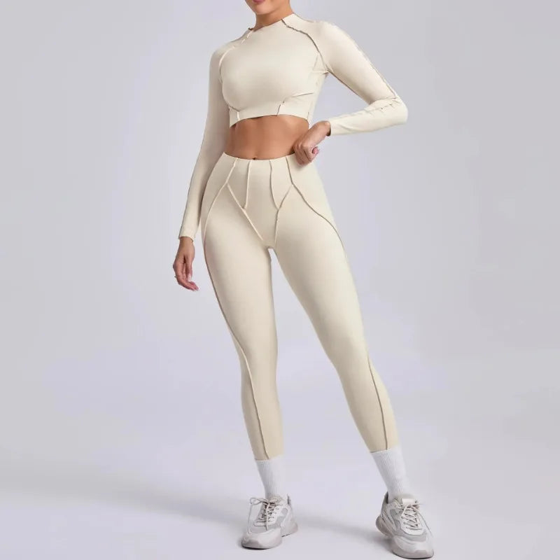 Seamless Yoga Sets Sports Fitness Hip-lifting High Waist Pleated Pants Long-sleeved Suits Workout Gym Leggings Sets for Women