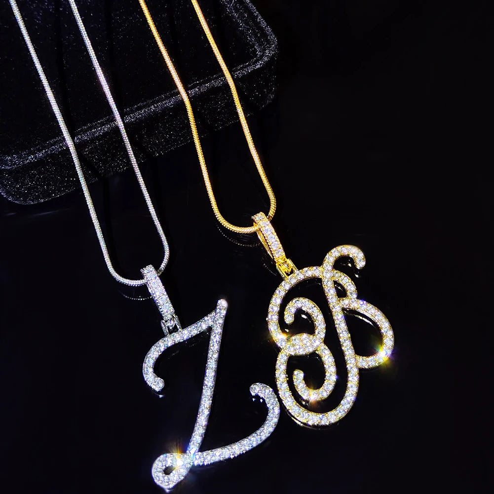 Fashion 26 Cursive Initial Letter Zircon Pendant Necklace For Women Shiny Crystal Alphabet Rope Chain Necklace Hip Hop Jewelry