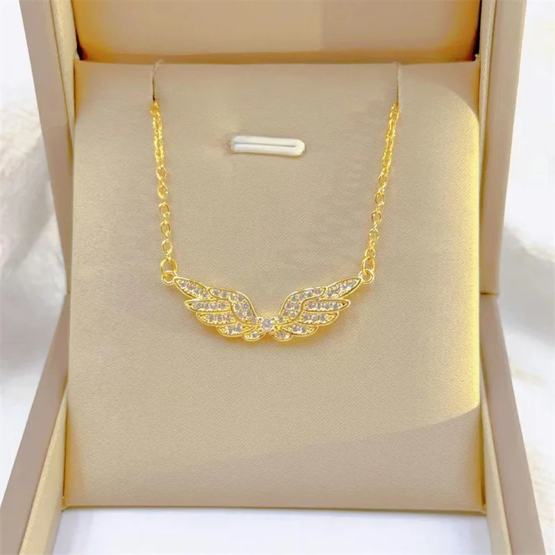 Fashion Retro Light Luxury White Jewelry Angel Wings Necklace Exquisite Personality Stainless Steel Clavicle Chain