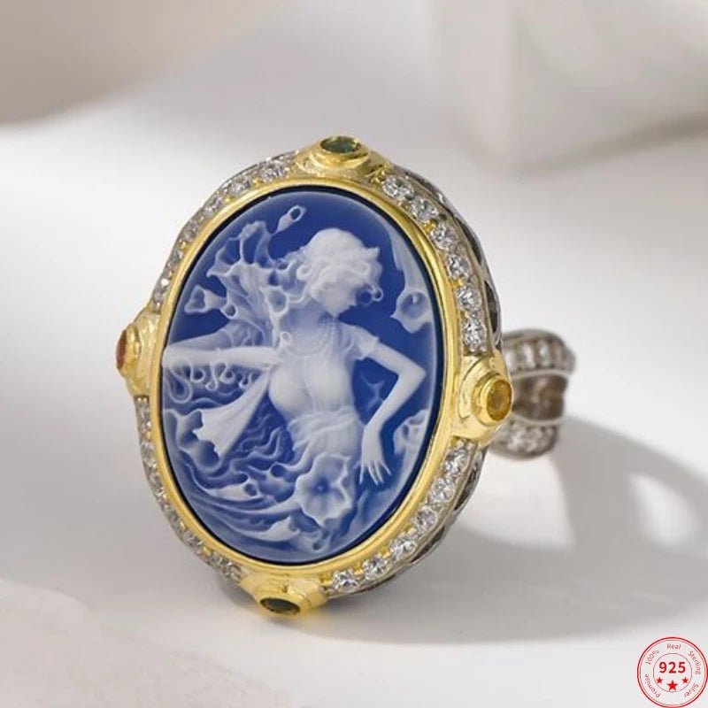 S925 Sterling Silver Rings for Women New Fashion Blue Agate White Shell Full Zircon Beauty Relief Portrait Jewelry Wholesale