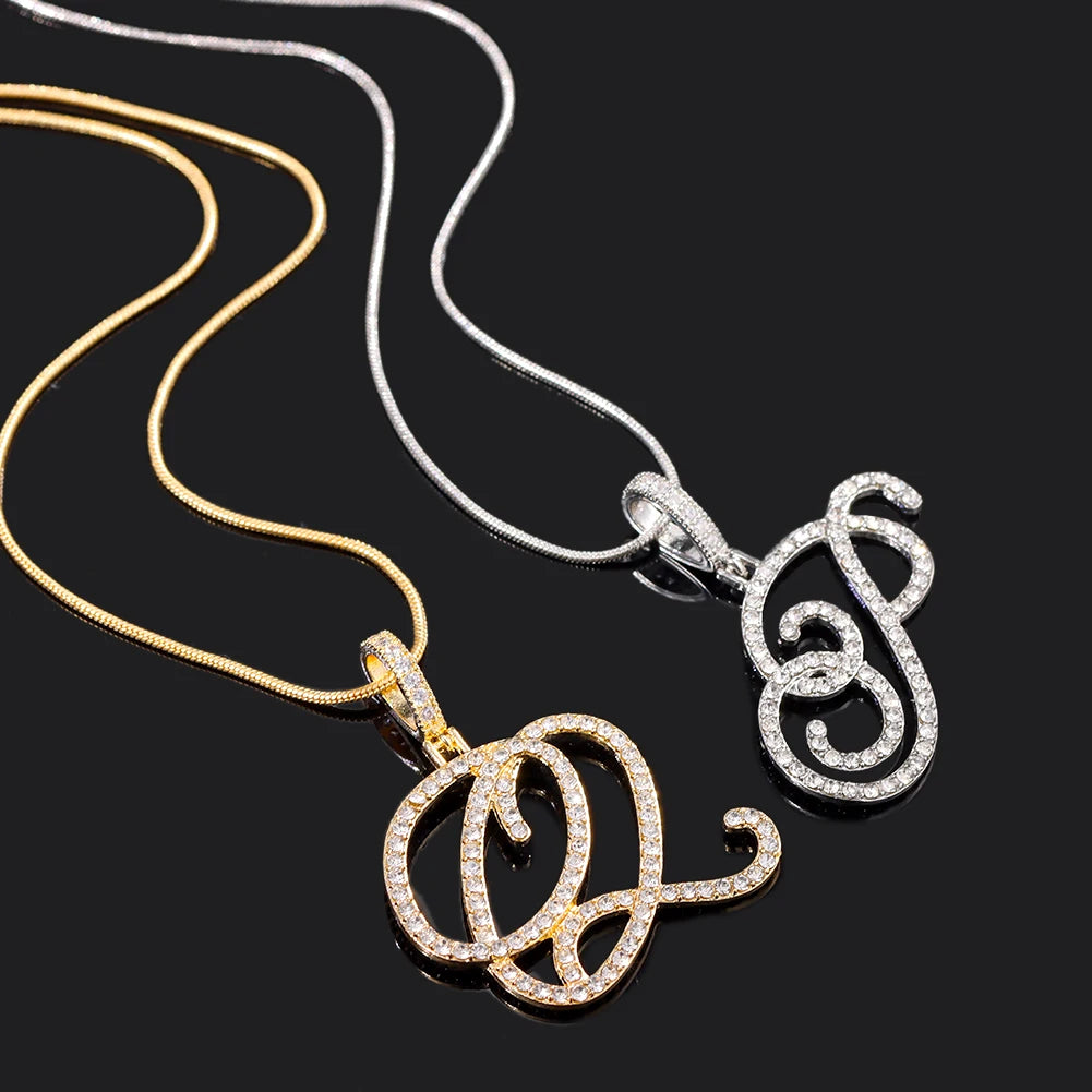 Fashion 26 Cursive Initial Letter Zircon Pendant Necklace For Women Shiny Crystal Alphabet Rope Chain Necklace Hip Hop Jewelry