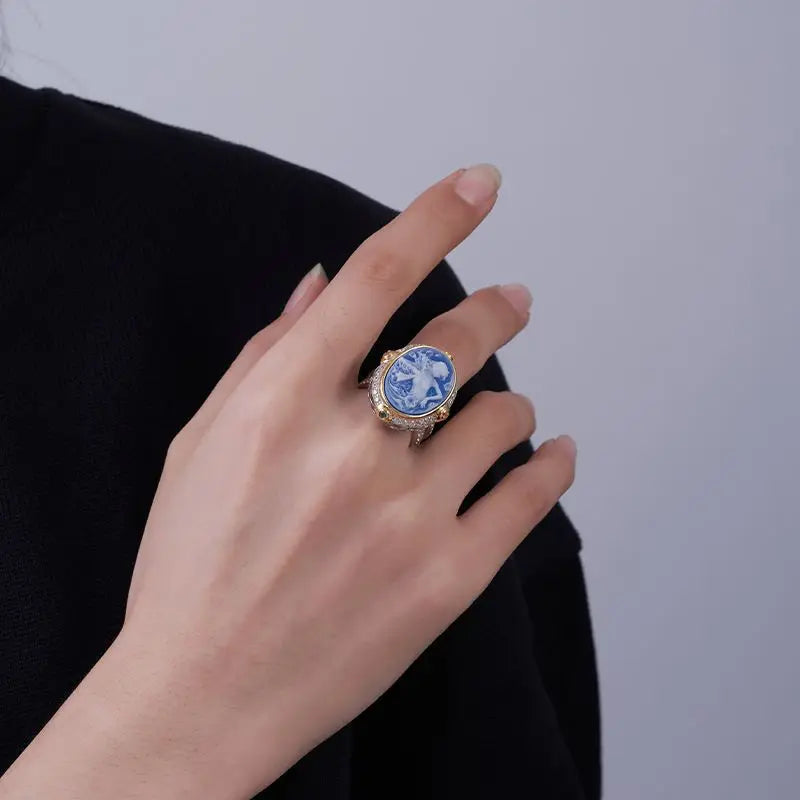 S925 Sterling Silver Rings for Women New Fashion Blue Agate White Shell Full Zircon Beauty Relief Portrait Jewelry Wholesale