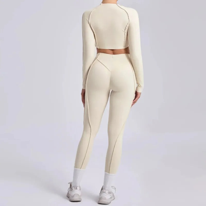 Seamless Yoga Sets Sports Fitness Hip-lifting High Waist Pleated Pants Long-sleeved Suits Workout Gym Leggings Sets for Women
