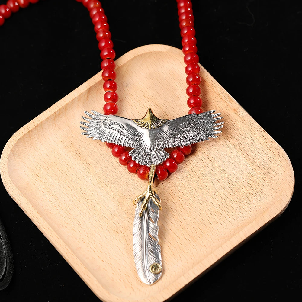 S925 Sterling Silver Takahashi Thai Silver Retro Red Glass Beads Deerskin Rope Necklace Flying Eagle Brass Claw Pendant GON079