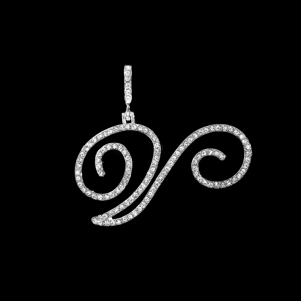 Fashion 26 Cursive Initial Letter Zircon Pendant Necklace For Women Shiny Crystal Alphabet Rope Chain Necklace Hip Hop Jewelry