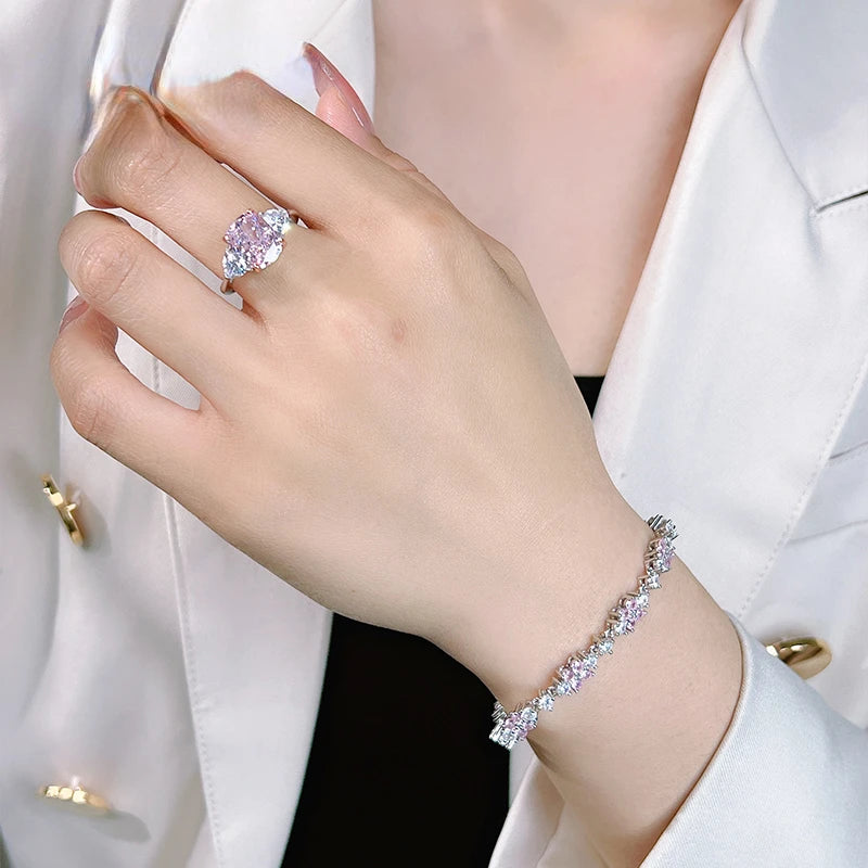 Luxury pink diamond Radian ice cut 925 silver ring set with high carbon diamond temperament versatile ice cut