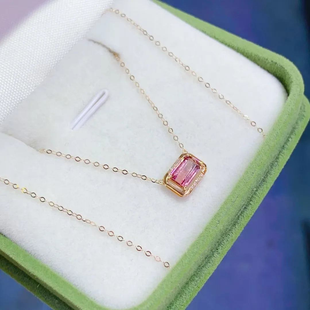 Certificated 18K Real Gold 1 Carat Natural Pink Tourmaline Genuine Diamond Necklace With 18K Solid Gold Chain 1ct Gems Jewelry