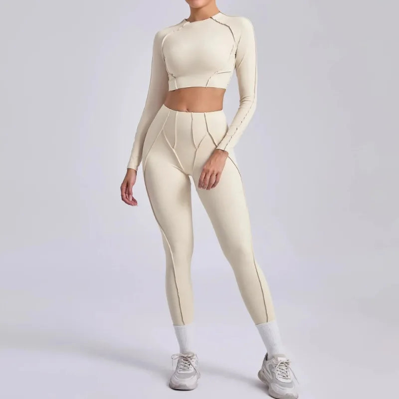 Seamless Yoga Sets Sports Fitness Hip-lifting High Waist Pleated Pants Long-sleeved Suits Workout Gym Leggings Sets for Women