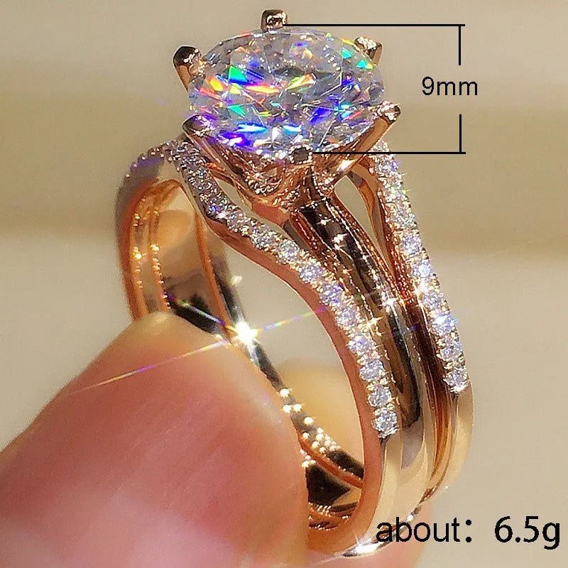 Huitan Unique Rose Gold Color Rings for Women Classic 6 Claws Designed Cubic Zirconia Rings Wedding Engagement Bands Hot Jewelry