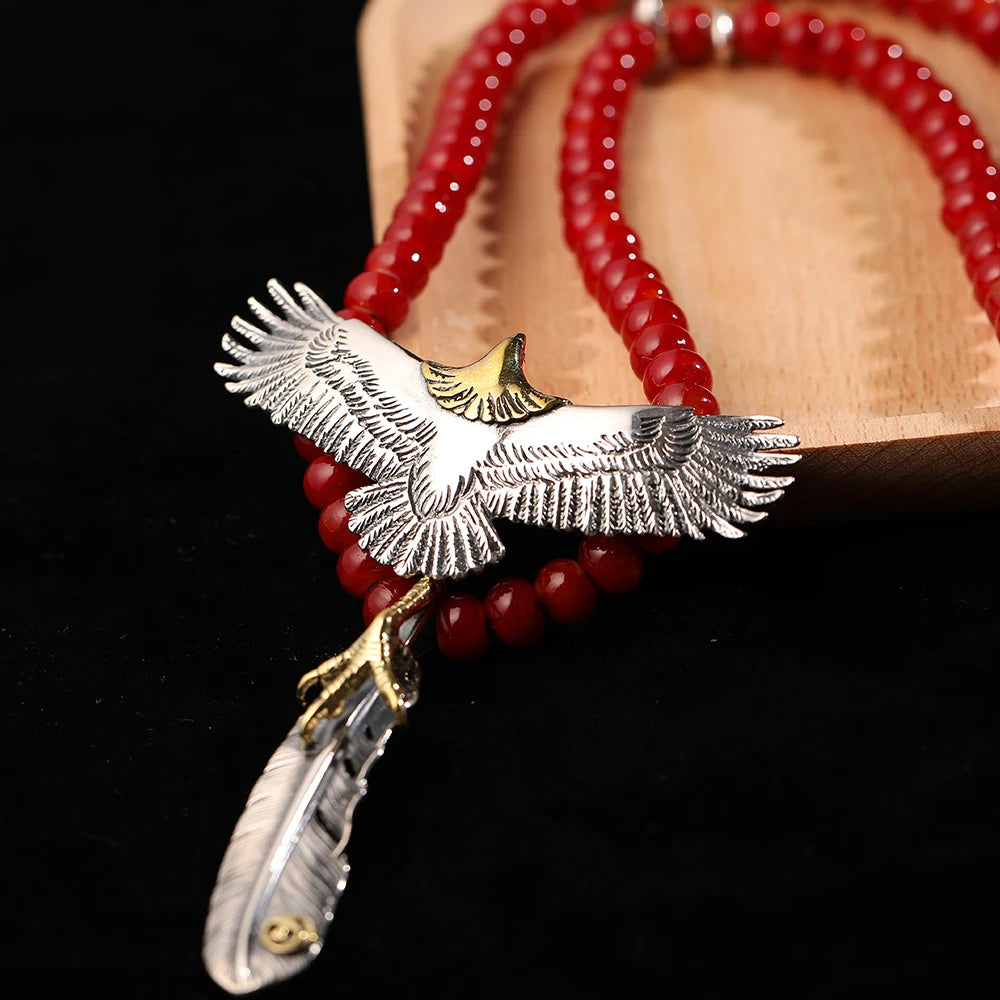 S925 Sterling Silver Takahashi Thai Silver Retro Red Glass Beads Deerskin Rope Necklace Flying Eagle Brass Claw Pendant GON079