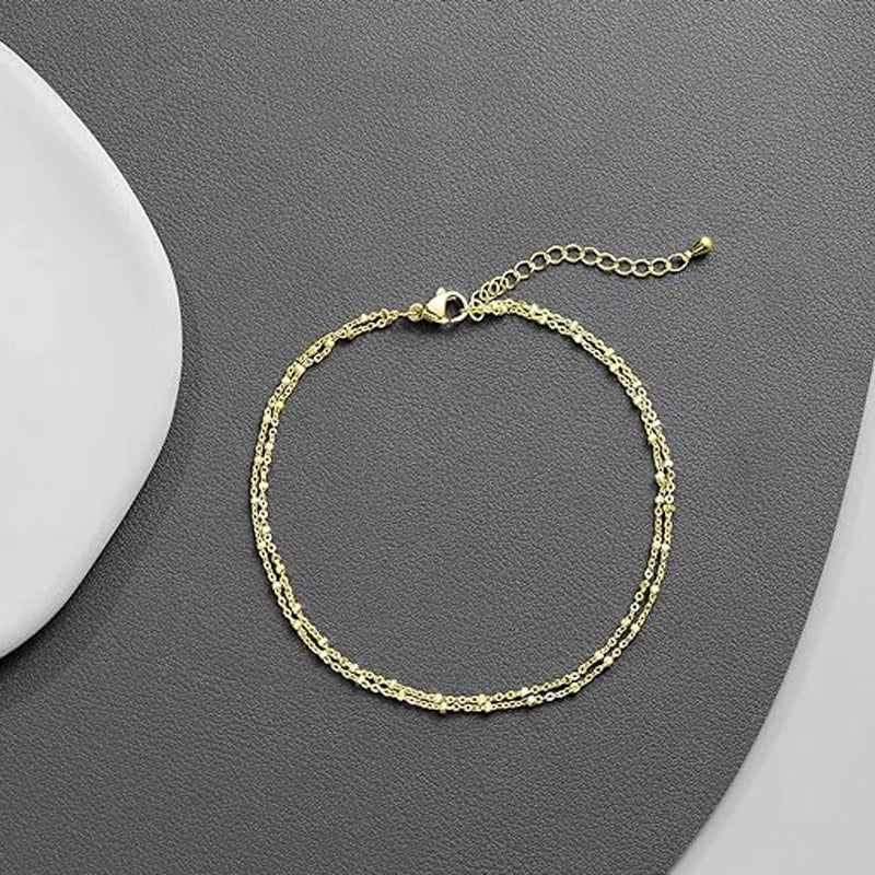 Waterproof Ankle Bracelets for Women,14K Gold Silver Plated Layered Beads Anklets Bracelets for Women Girls Summer Jewelry Gifts