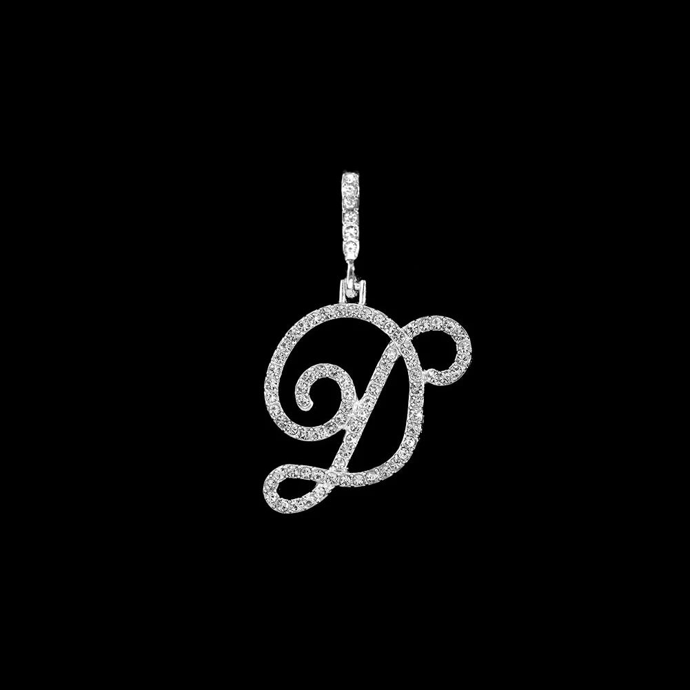 Fashion 26 Cursive Initial Letter Zircon Pendant Necklace For Women Shiny Crystal Alphabet Rope Chain Necklace Hip Hop Jewelry