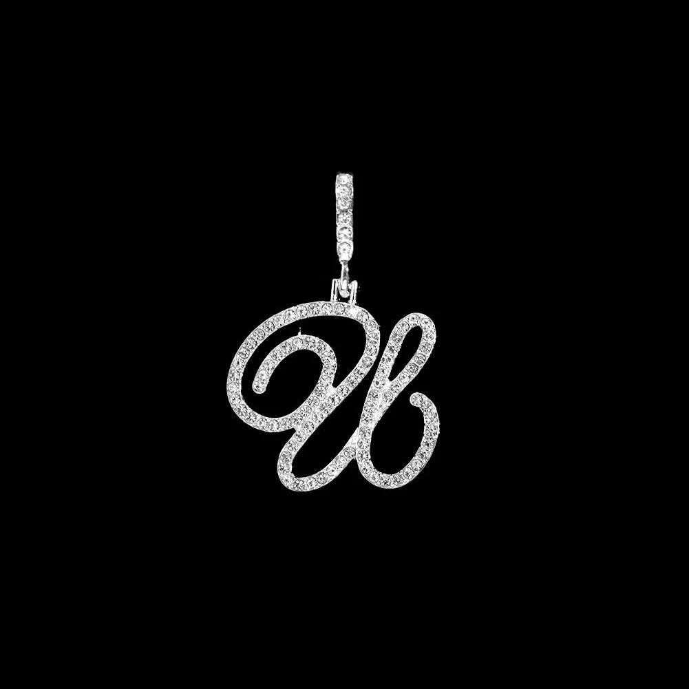 Fashion 26 Cursive Initial Letter Zircon Pendant Necklace For Women Shiny Crystal Alphabet Rope Chain Necklace Hip Hop Jewelry