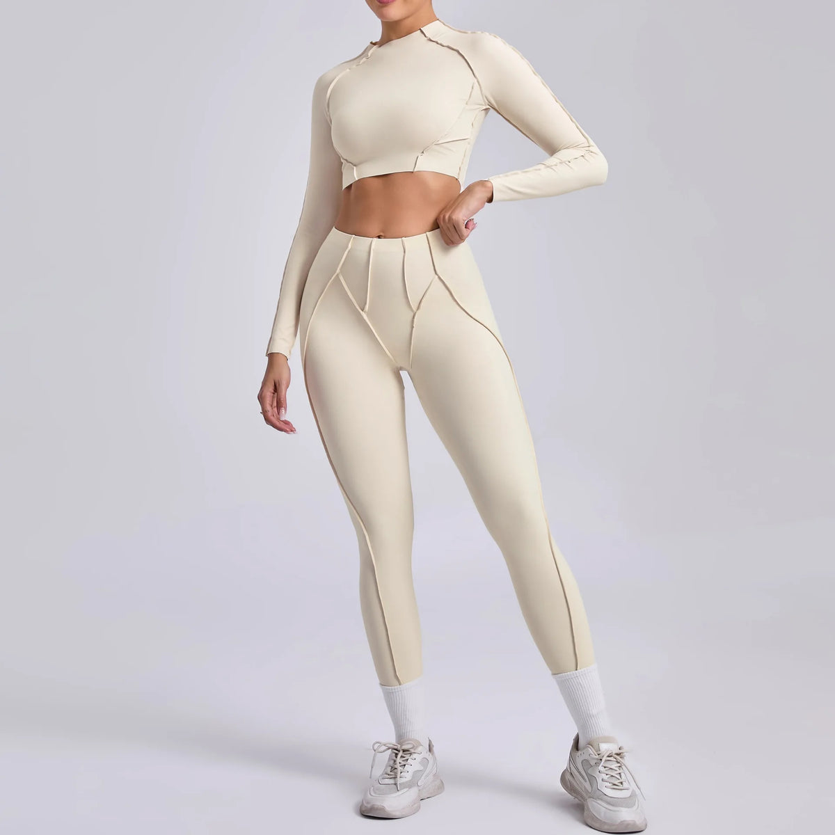 Seamless Yoga Sets Sports Fitness Hip-lifting High Waist Pleated Pants Long-sleeved Suits Workout Gym Leggings Sets for Women