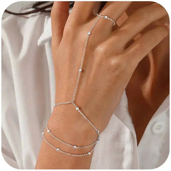 Minimalist Thin Chain Connected Finger Ring Bracelets for Women Multilayer Vintage Ball Beads Link Bangles Party Elegant Jewelry