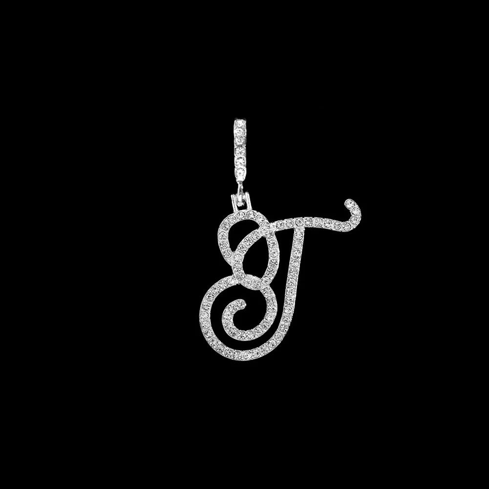Fashion 26 Cursive Initial Letter Zircon Pendant Necklace For Women Shiny Crystal Alphabet Rope Chain Necklace Hip Hop Jewelry