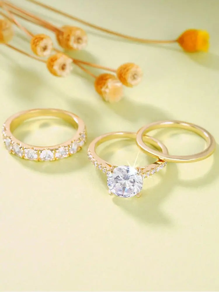 925 Sterling Silver Gorgeous Round Full Zircon Ring Three Piece Set For Women Engagement Wedding Luxury Fine Jewelry