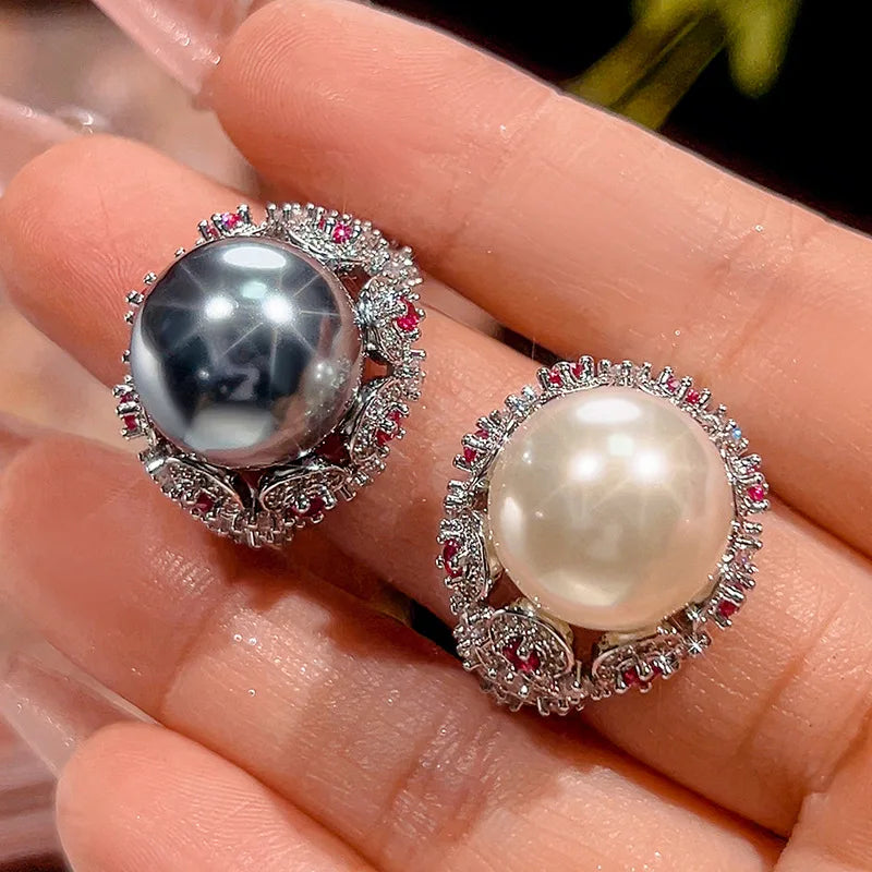 Adjustable 14mm Round Pearl Ring with Ruby Zircon Silver Plated Vintage Statement Ring for Women Elegant Party Wedding Jewelry