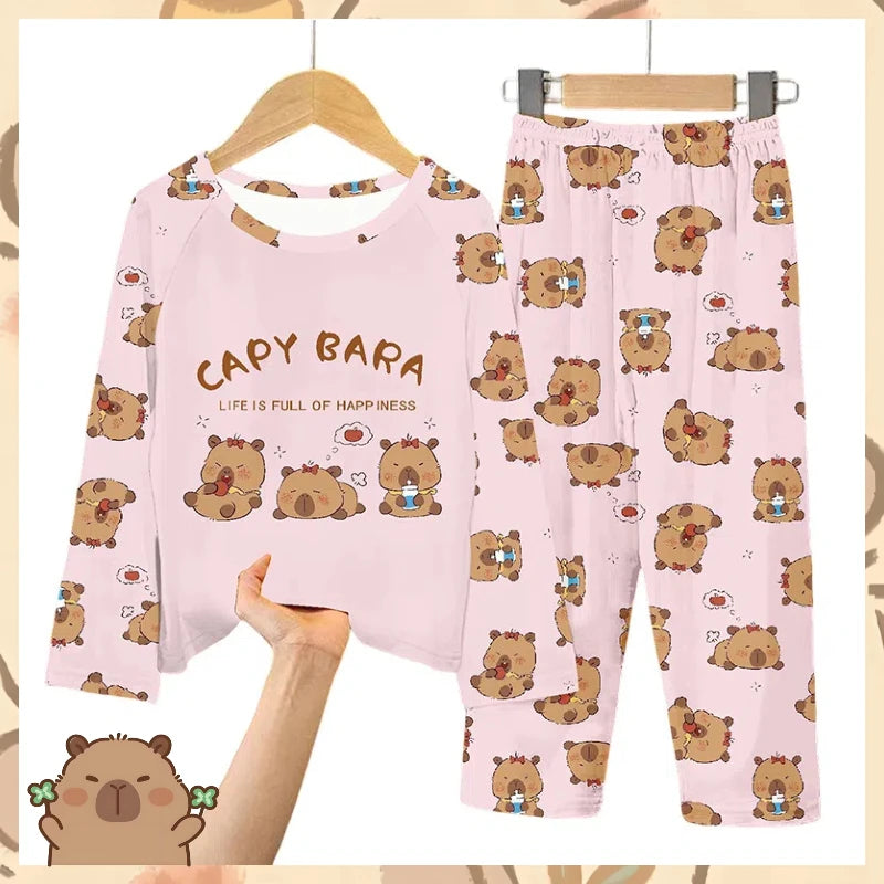 Capibara Kids Pajama Sets Long Sleeve Loungewear with Cute Animal Print Soft Sleepwear for Boys/Girls Cartoon Sleep Pants Outfit