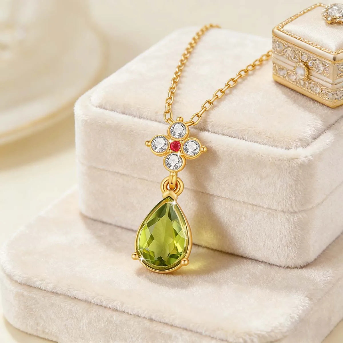 Real 18K Gold AU750 Necklaces Water Drop Natural Peridot Hollow-Out Pendant for Women Birthday Party Hypoallergenic Jewelry Gift