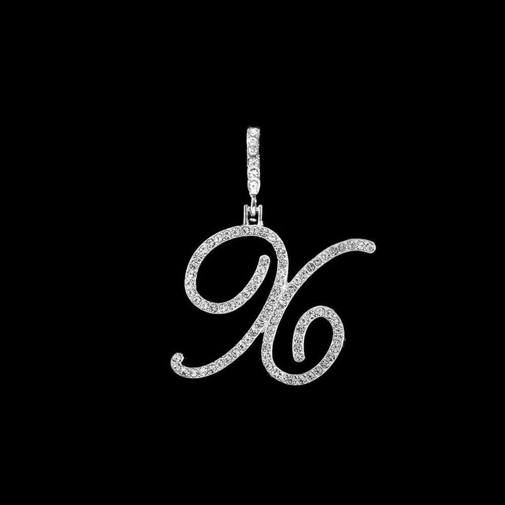 Fashion 26 Cursive Initial Letter Zircon Pendant Necklace For Women Shiny Crystal Alphabet Rope Chain Necklace Hip Hop Jewelry