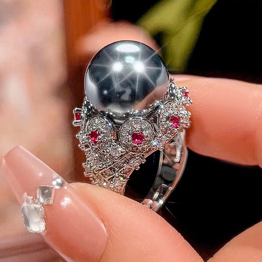 Adjustable 14mm Round Pearl Ring with Ruby Zircon Silver Plated Vintage Statement Ring for Women Elegant Party Wedding Jewelry