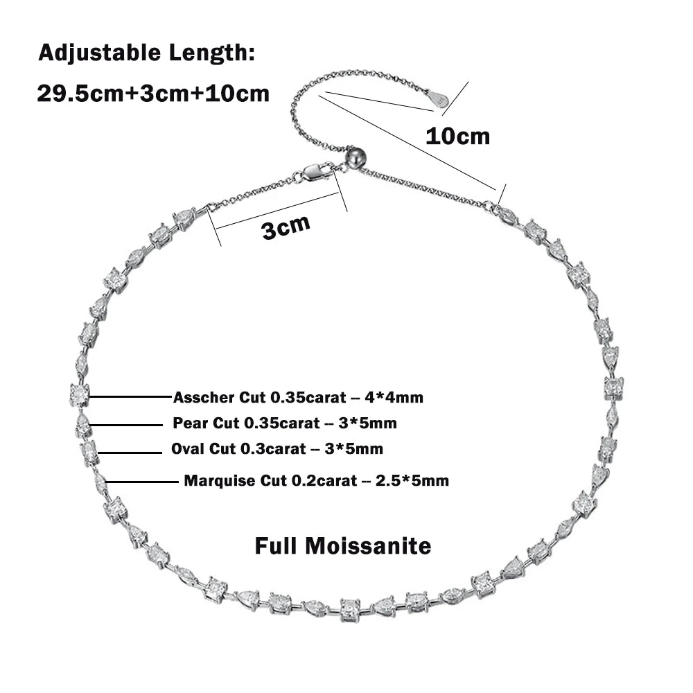 Certified Full Moissanite Necklace Choker for Women S925 Silver Round/Pear/Marquise/Asscher Cut Lab Diamomd Adjustable Neckchain