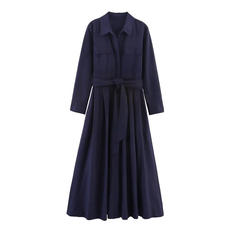 Women's Dress Fall 2025 New Solid Color Long Sleeve Shirt Style A-Pendulum Dress Belt Decoration Casual Fashion Personality