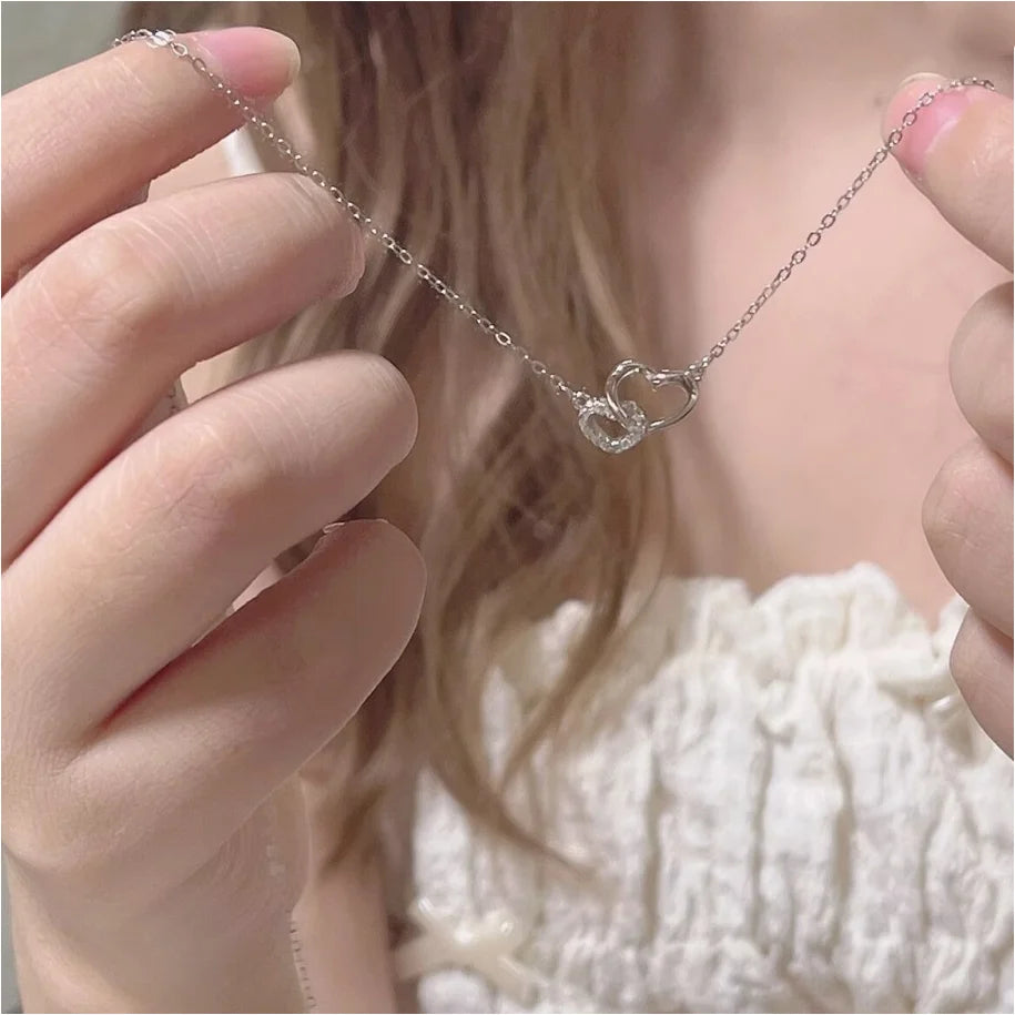 New Fashion Simple Silver Color Love Heart Pendant Necklace Charm Chain Collares Necklace for Women Party Jewelry Daily Wear