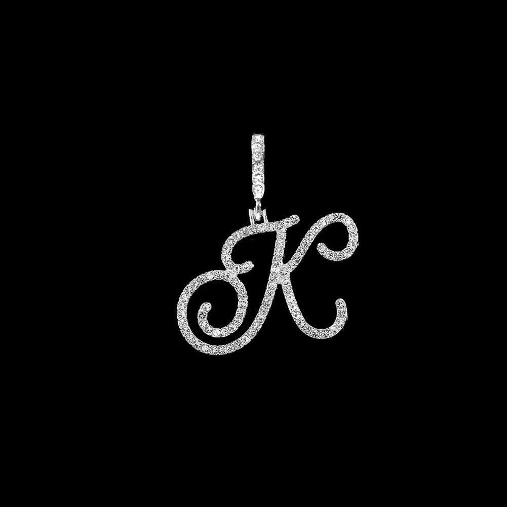 Fashion 26 Cursive Initial Letter Zircon Pendant Necklace For Women Shiny Crystal Alphabet Rope Chain Necklace Hip Hop Jewelry
