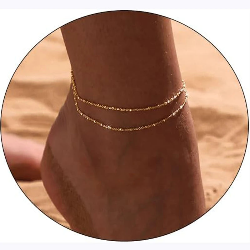 Waterproof Ankle Bracelets for Women,14K Gold Silver Plated Layered Beads Anklets Bracelets for Women Girls Summer Jewelry Gifts