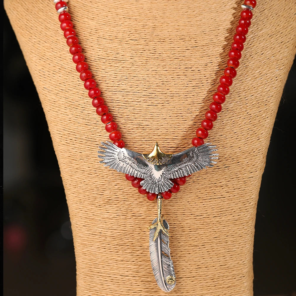 S925 Sterling Silver Takahashi Thai Silver Retro Red Glass Beads Deerskin Rope Necklace Flying Eagle Brass Claw Pendant GON079