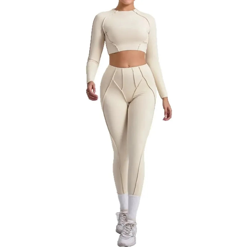 Seamless Yoga Sets Sports Fitness Hip-lifting High Waist Pleated Pants Long-sleeved Suits Workout Gym Leggings Sets for Women